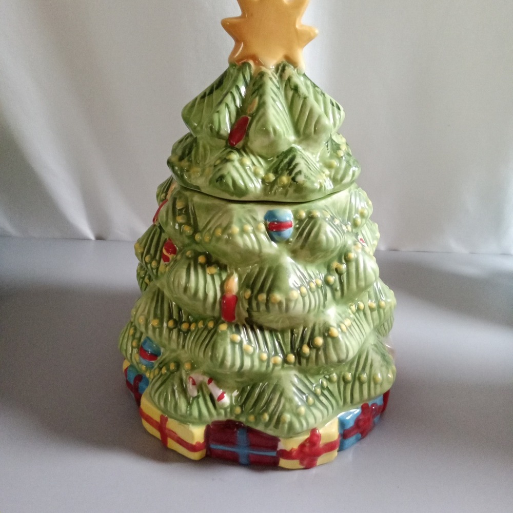 Ceramic Christmas Tree Cookie Jar Holiday Lidded Canister Ornaments Star 9.25"